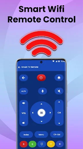 Red WiFi signal symbols above smartphone displaying complete smart WiFi remote control interface with full button layout for TV control
