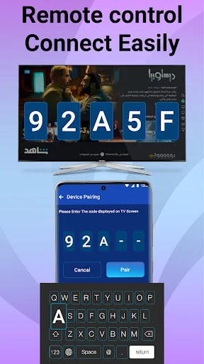 Television showing 92A5F pairing code with smartphone below displaying device pairing screen and keyboard for entering remote control connection code