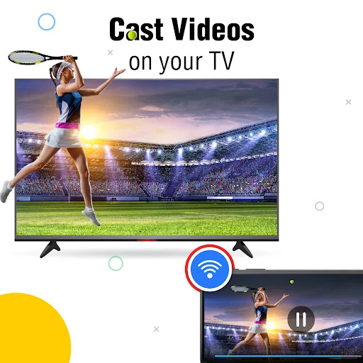 Screen mirroring app interface showing video content of tennis player being cast from phone to TV via WiFi connection