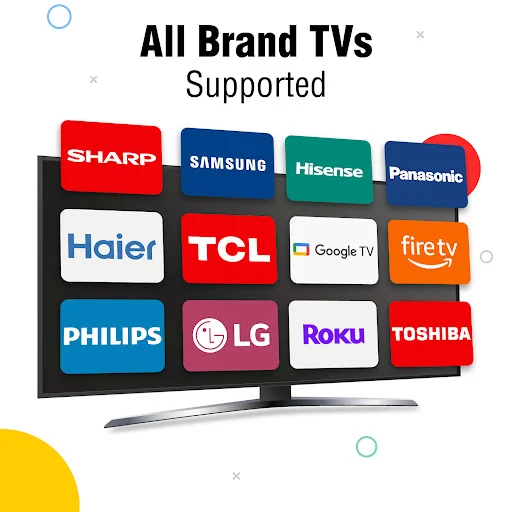 TV brand compatibility screen displaying logos of 12 supported smart TV manufacturers including Samsung, LG, Roku, and Fire TV