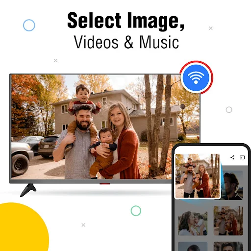 Content selection interface showing family photo on TV display and mobile gallery picker for mirroring images and videos