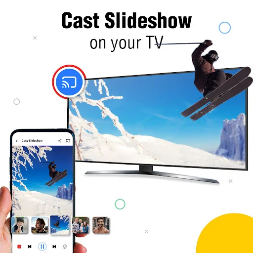 Slideshow casting feature displaying skiing action photos on TV with mobile phone controls and photo gallery thumbnails below