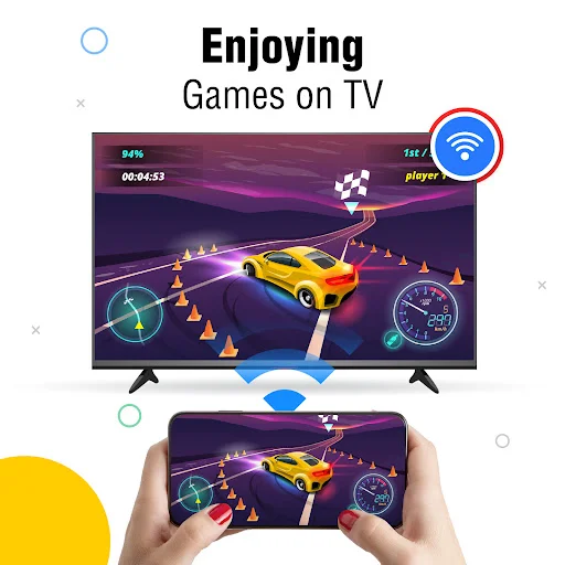 Mobile game screen mirroring interface showing racing game on TV with player holding phone to control gameplay on both devices