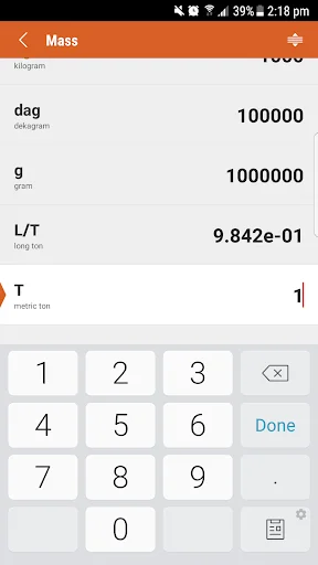 Mass unit converter with numeric input keypad for converting metric tons to kilograms, grams, dekagrams, and long tons