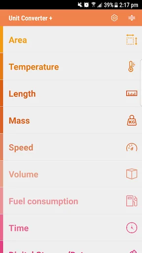 Unit Converter Calculator main interface with conversion category options for Area, Temperature, Length, Mass, Speed, Volume, and more