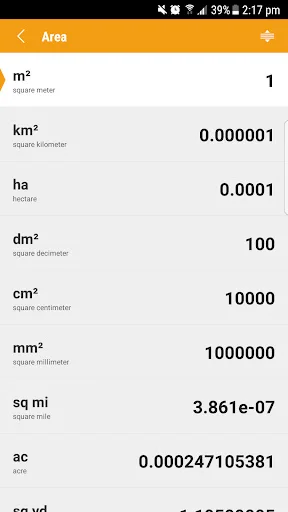 Area unit conversion screen showing multiple unit types with their calculated conversion values in scientific notation