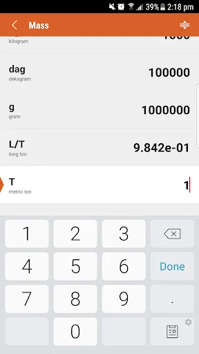 Mass converter interface with metric and weight unit conversions displayed with numeric entry keypad for calculations