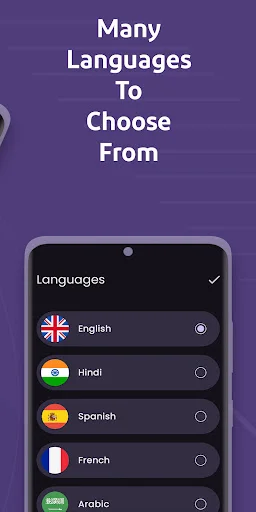 USB OTG app language selection screen displaying English, Hindi, Spanish, French, and Arabic options