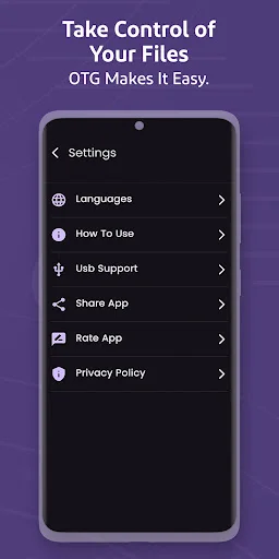 USB OTG settings menu with options for languages, how-to guide, support, sharing, and app rating