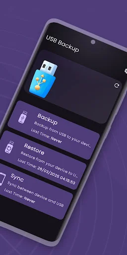 USB backup screen showing backup, restore, and sync options for Android device file management