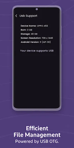 Device information screen showing USB OTG support details and Android system specifications