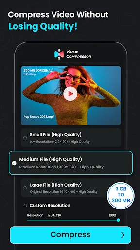 Video compressor with quality presets, custom resolution, file size preview, and compression optimization for videos