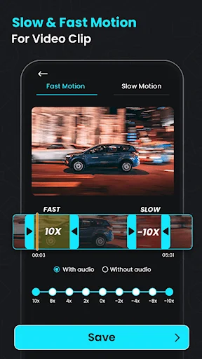 Video speed editor with fast motion and slow motion effects, 10x to -10x multipliers, audio options, and speed control