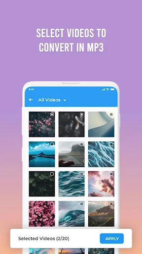 Video to MP3 converter showing video library grid with batch selection interface displaying 2 out of 20 selected videos ready for MP3 conversion with Apply button