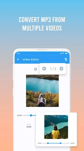 Batch video conversion editor showing multiple videos counter (1 of 2) with stacked video previews and individual timeline controls for processing MP3 conversions