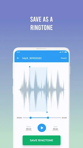 Audio waveform visualization for ringtone creation displaying trimmed audio with timeline markers and green Save Ringtone button for mobile phone ringtone