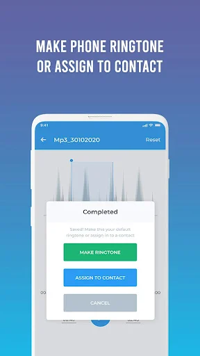 Ringtone completion dialog showing options to save as phone ringtone, assign audio to contact, or cancel after MP3 to ringtone conversion