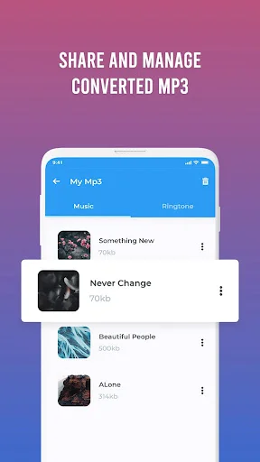 MP3 file library interface displaying converted music files in organized list with video thumbnails, categorized in Music and Ringtone tabs for file management