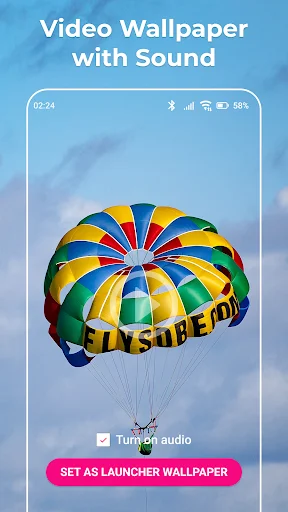 Video Wallpaper Live featuring colorful parachute wallpaper with audio turn on option and set as launcher wallpaper button