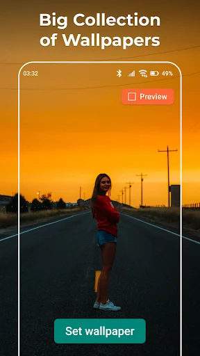 Video Wallpaper Live displaying woman jogging at sunset with preview button and set wallpaper personalization option