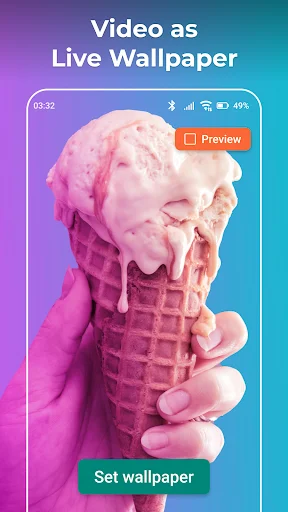 Video Wallpaper Live interface showing pink ice cream cone live wallpaper with gradient background and set wallpaper