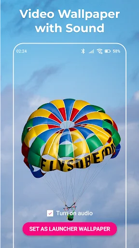 Video Wallpaper Live app featuring parachute video with sound control checkbox and set as launcher wallpaper feature