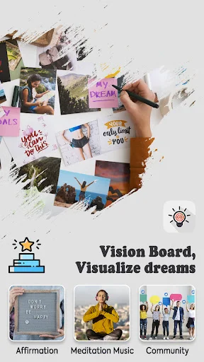 Vision Board app home screen showcasing vision board images with app title and three main features: Affirmation, Meditation Music, and Community