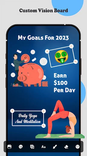 Custom 'My Goals For 2023' vision board with piggy bank, emoji, yoga pose on dark blue background