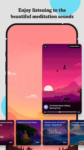 Meditation Music player with '30 Minutes Instant Calming' track, pink sunset landscape, and playlist thumbnails