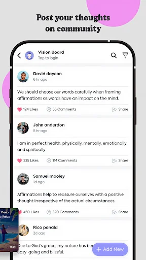 Community feed with affirmation posts from David Jocycon, John Anderson, Samuel Mooley, Bia Ronald with likes
