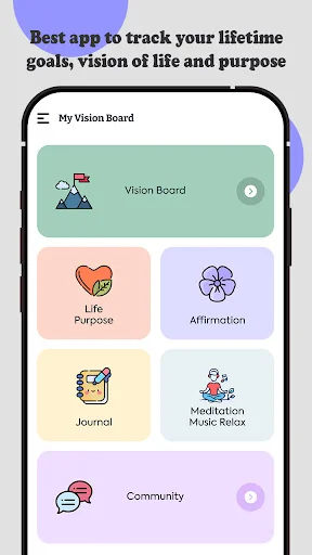 Vision Board app main dashboard with feature cards including Life Purpose, Affirmation, Journal, Meditation Music Relax, and Community options
