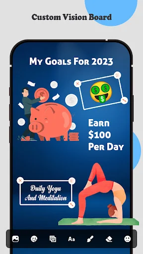 Custom vision board titled My Goals For 2023 featuring financial goals and daily yoga meditation with visual illustrations and editing tools