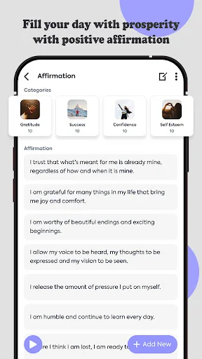 Affirmation feature showing categorized positive affirmations with filters for Gratitude, Success, Confidence, and Self-Esteem with add option