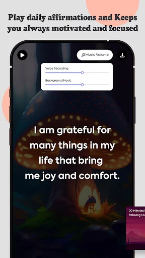 Affirmation player interface with voice recording and background music controls playing motivational affirmation for daily inspiration