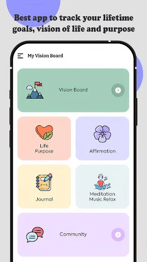 Vision Board Maker home screen with Life Purpose, Affirmation, Journal, Meditation Music Relax, Community cards