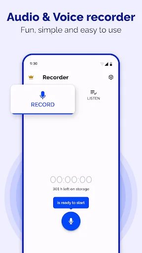 Voice Recorder app main interface with blue microphone record button, storage status showing 30.1GB available, listen option, and ready to record
