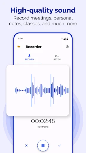 Active voice recording displaying waveform visualization, elapsed time 00:02:48, pause control, and confirm and cancel buttons