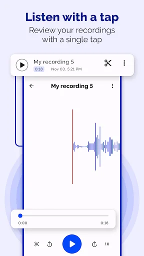 Voice recording playback screen for My recording 5 showing audio waveform with playback position, timestamp, and playback speed controls