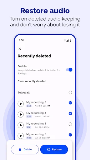 Recently deleted audio recovery interface with enable toggle for 30-day retention, deleted recordings list with play buttons, and restore and delete buttons