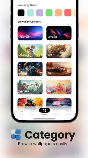Wallbyte Category browse with color filters and wallpaper categories: Abstract, Amoled, Animal, Art, Car, Cartoon