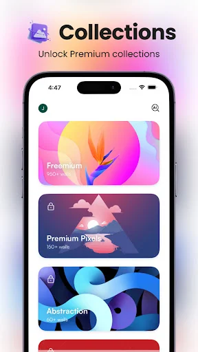 Wallbyte Collections tab with premium unlockable wallpaper sets including Freemium Premium Pixels and Abstraction