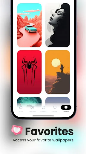 Wallbyte Favorites tab with saved wallpapers including retro car portrait Spider-Man sunset landscape and aurora designs