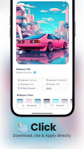 Wallpaper detail view with color palette, resolution info, download button, and favorite option for customization