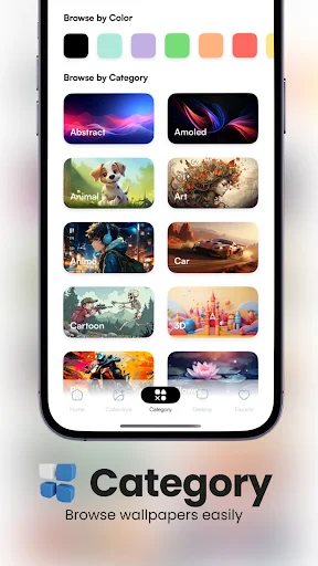 Wallbyte Category page with color filter swatches and category thumbnails including Abstract, Animal, Art, Car, Cartoon