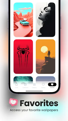 Favorites section displaying saved wallpapers including car, portrait, spider, sunset, and personalized selections