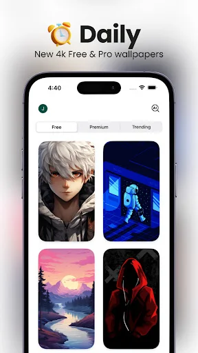 Wallbyte Daily tab showing new 4K free and premium wallpapers grid with Free, Premium, Trending filter options