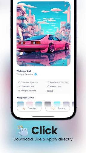Wallbyte wallpaper detail page with pink neon retro car preview, Download Favorite buttons and color palette