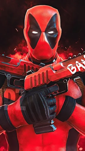 HD wallpaper displaying Deadpool character in red suit with weapons on dark red background