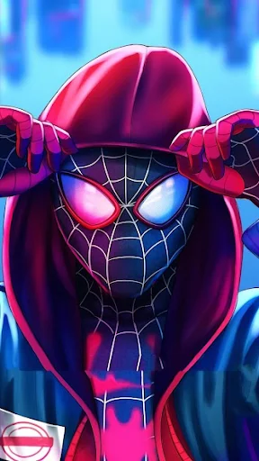 4K wallpaper showing Spider-Man Miles Morales with purple and pink neon color scheme and web design