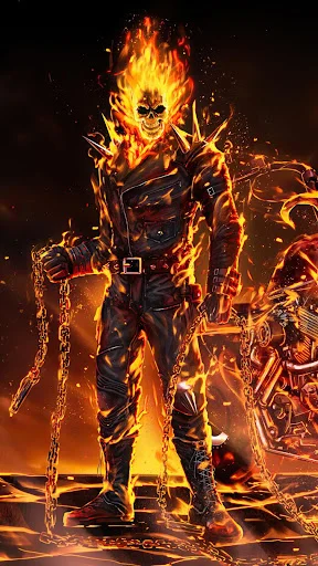 4K wallpaper featuring Ghost Rider character engulfed in orange and yellow flames with dark background